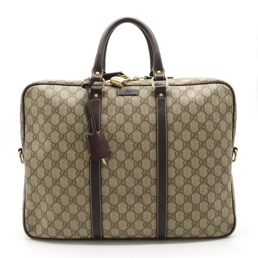 Gucci GG Supreme Business Bag Briefcase Leather Beige Cream Dark Brown